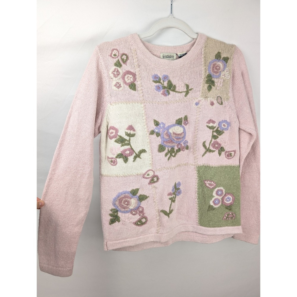 Vintage 90s Floral Patchwork 3D Embroidered Sweater S Pink Cottagecore Coquette